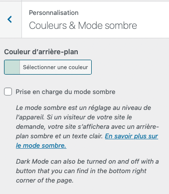 WordPress Apparence Personnaliser couleurs & mode sombre