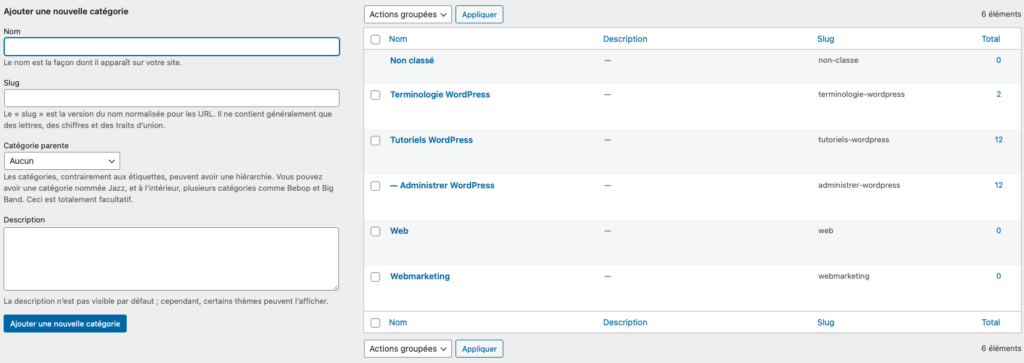 WordPress articles catégories