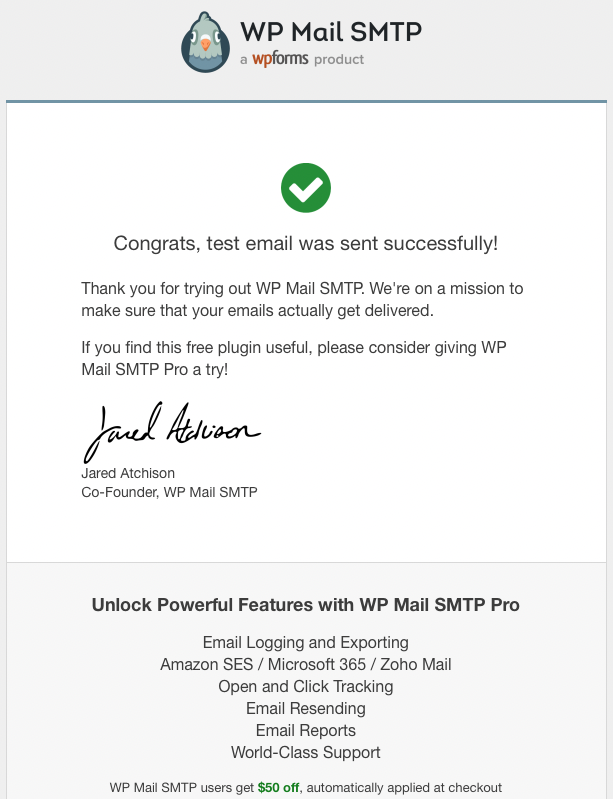 WP Mail SMTP par WPForms - Congrats, test email was sent successfully !