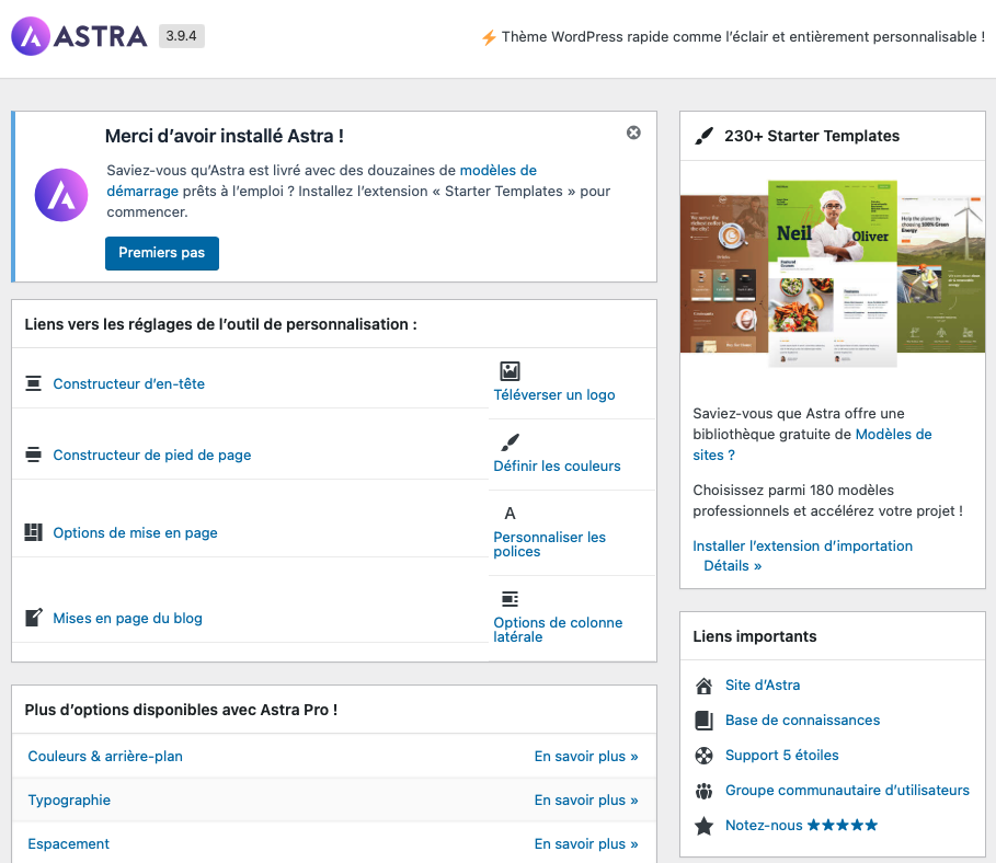 WordPress : options d'Astra